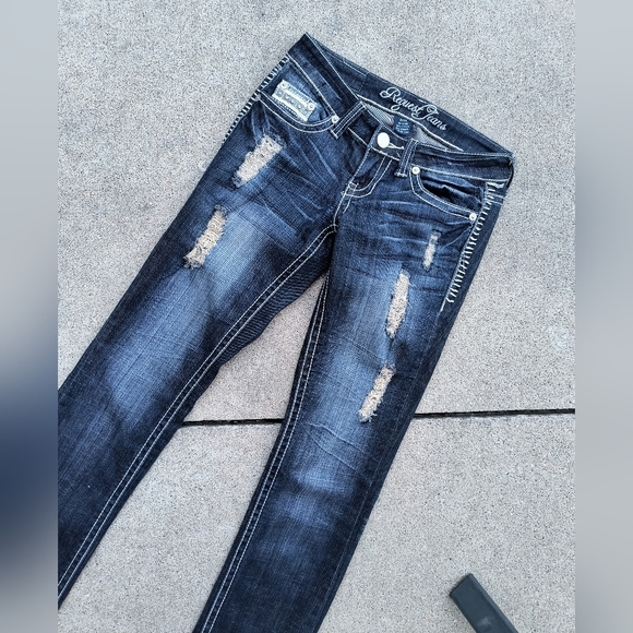 Request Jeans Distressed Stitched Denim Blue Jeans Rhinestones Size 0/24 - Picture 2 of 5